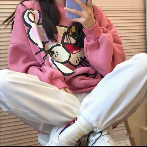 Áo sweater nữ in hình chú báo hồng vải nỉ bông mềm mịn kute áo hoodie nỉ form rộng phong cách ulzzang hàn quốc
