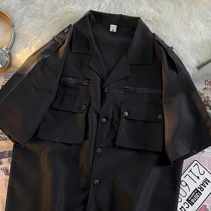 Áo Sơ Mi Nam Ngắn Tay Màu Đen Có Túi Phong Cách Hàn Quốc Cỡ M-3XL