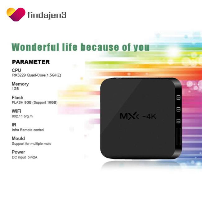 Bộ Tv Box Mxq 4k Android 7.1 2.4g Wifi Dlna Rk3229 Lõi Tứ 1g + 8g Và Phụ Kiện