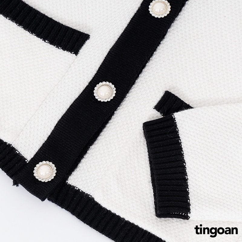 TINGOAN® - Áo len xù cardigan 4 túi trắng viền đen JENNIFER CARDIGAN/WH