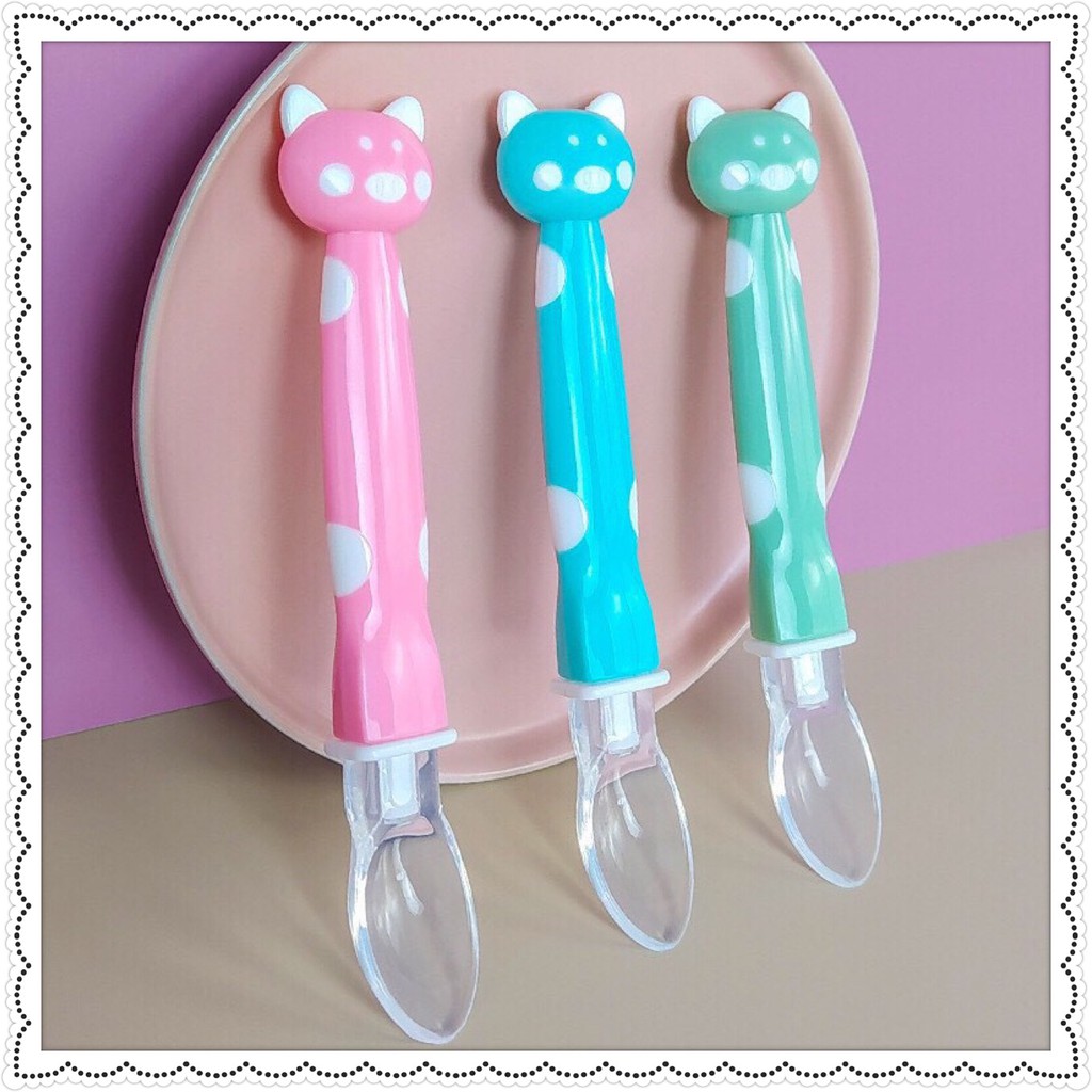 Set 2 thìa ăn dặm silicon đầu mềm cao cấp hình mèo ngộ nghĩnh cho bé