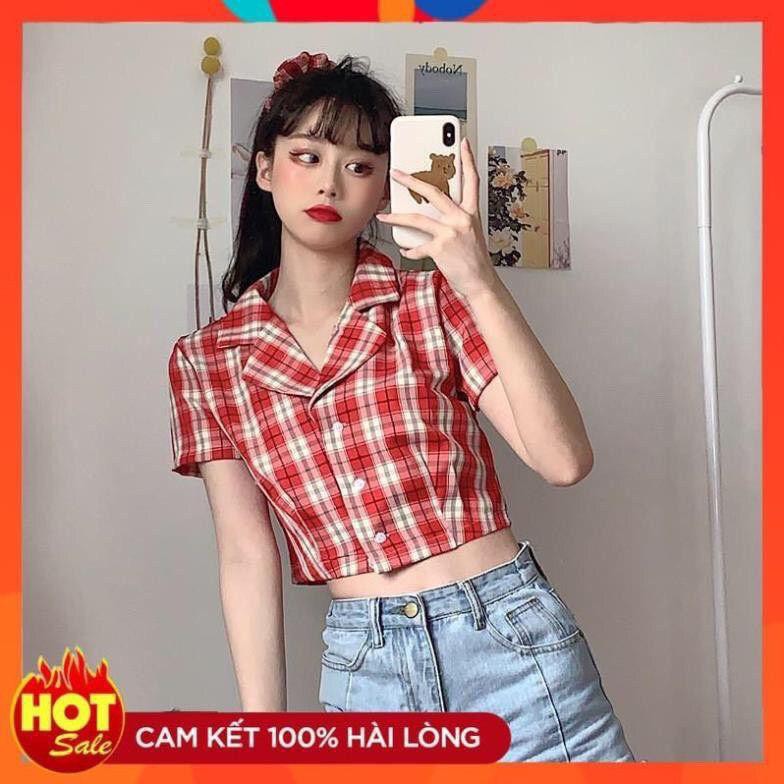 Xả lỗ  1132A17B1 Áo sơ mi caro tay ngắn croptop phong cach vintage cổ điển Xả lỗ