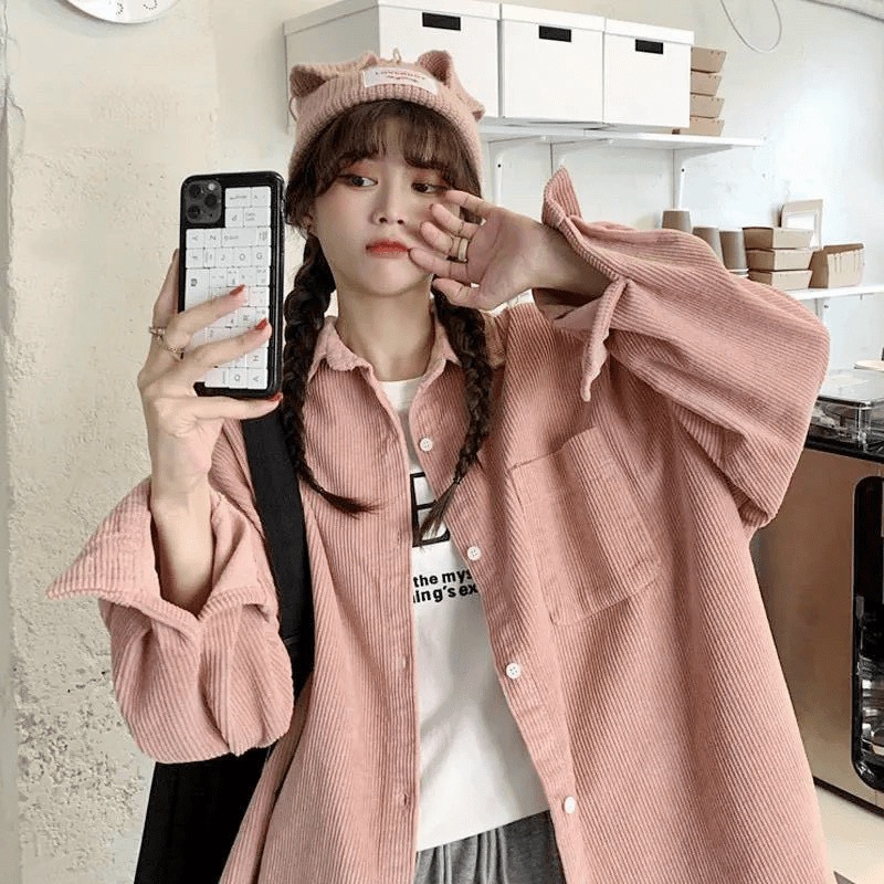 Áo Khoác Sơ Mi Nhung Nữ Kiểu Dáng Nút Cài Phối Mặt Cười Siêu Xinh - TP197 [NewUnisex]