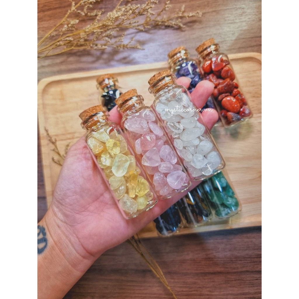 Lọ đá thuỷ tinh may mắn thanh tẩy bài Tarot, đá thạch anh, đá vụn, đá phong thủy, reiki