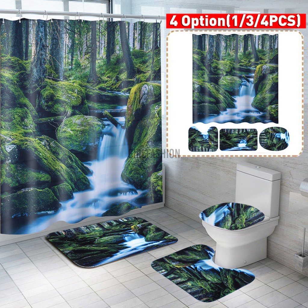 Waterproof Bathroom Shower Curtain Toilet Cover Mat Non-Slip Rug Set 4PCS