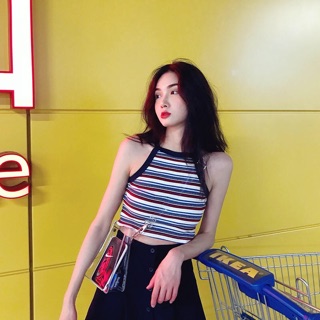 Sẵn_ Áo croptop ba lỗ kẻ nữ