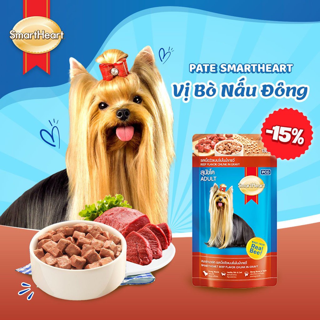 Pate/ Thức ăn ướt Smartheart gói 130g vị bò và thịt gà bổ sung DHA, Canxi và các dinh dưỡng cần thiết dành cho chó