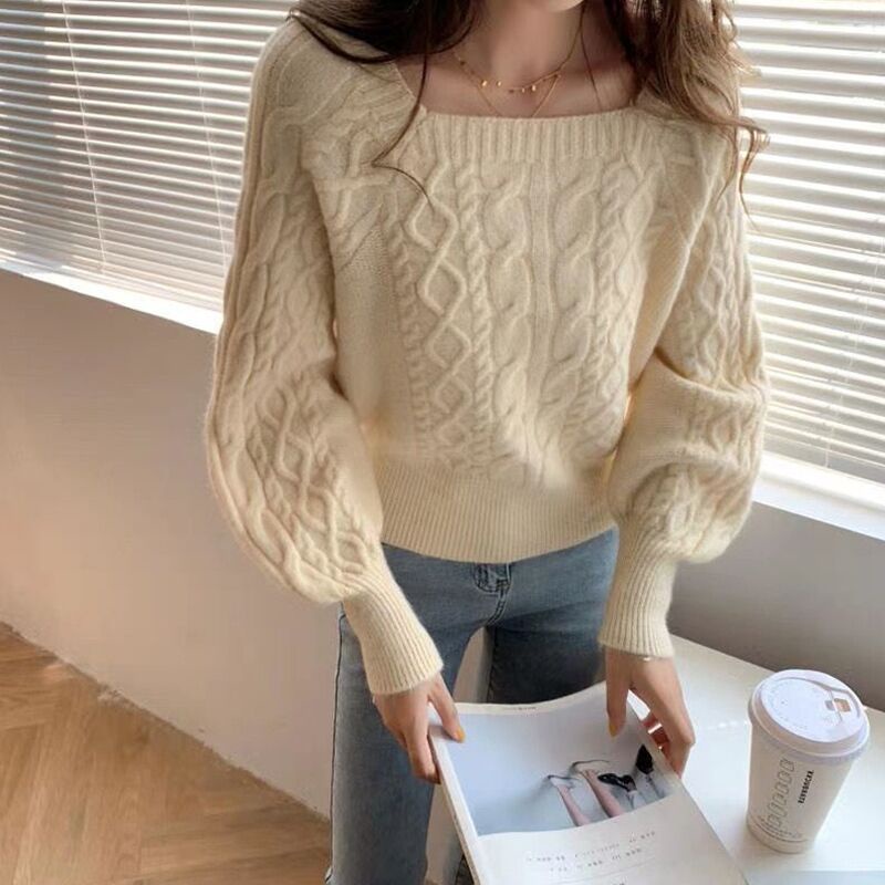 Áo sweater dệt kim cổ vuông mềm mại phong cách retro Pháp thời trang mùa thu cho nữ mã 2021