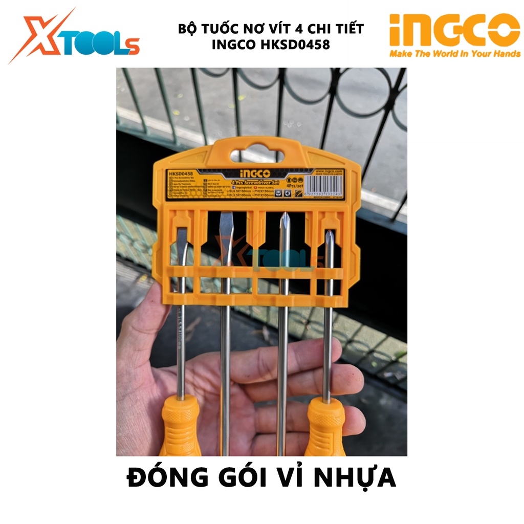 Bộ tuốc nơ vít 4 chi tiết INGCO HKSD0458 | Bộ tua vít 4 chi tiết Chất liệu thép Cr-V Bao gồm 1 cái SL5X100mm, 1 cái SL6X