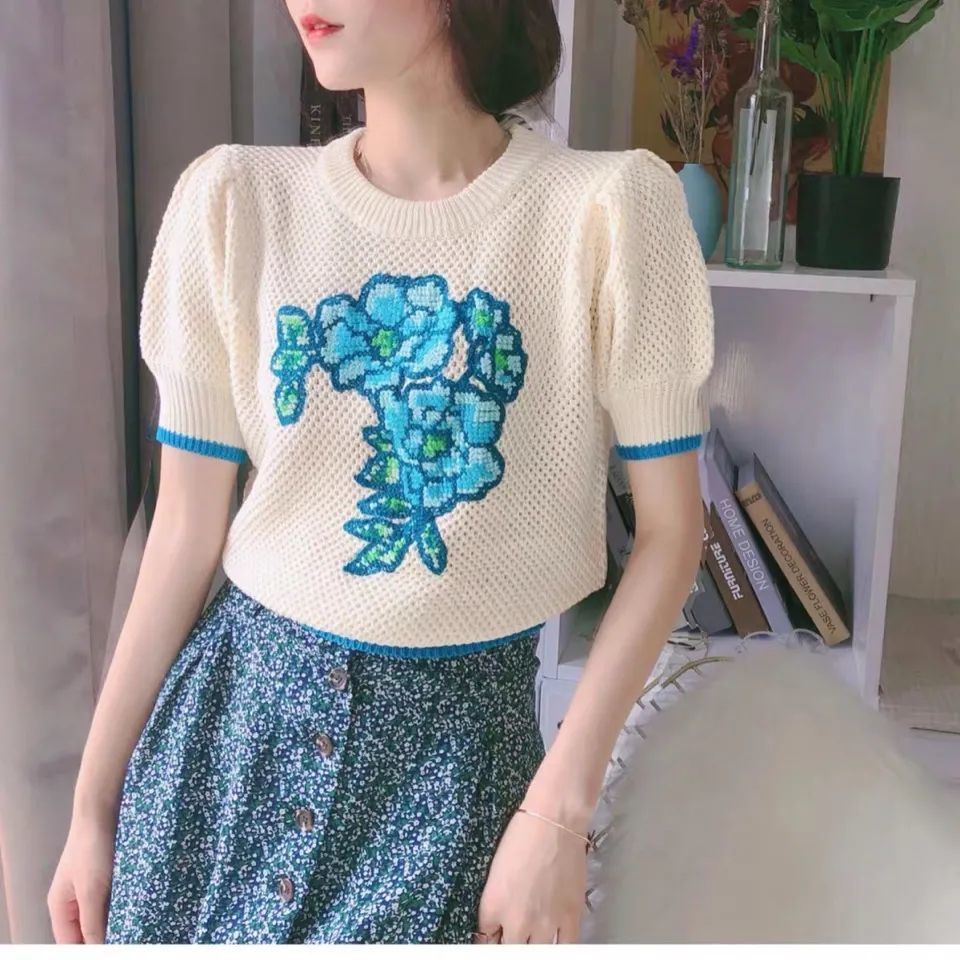Áo Dệt Kim Tay Ngắn Phồng Dáng Rộng Thêu Hoa Thủ Công Kiểu Pháp Dễ Thương  tao bao