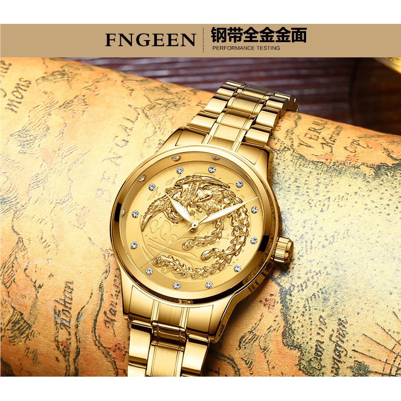 Đồng hồ cặp nam nữ dây thép thương hiệu FNGEEN Mặt Rồng Vàng (Dây Vàng, Mặt Vàng) | BigBuy360 - bigbuy360.vn