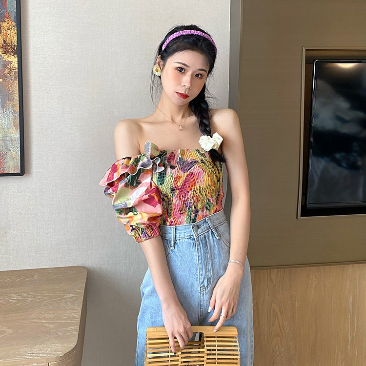 Áo Trễ Vai Chất Chiffon Hoạ Tiết Hoa Phong Cách Vintage