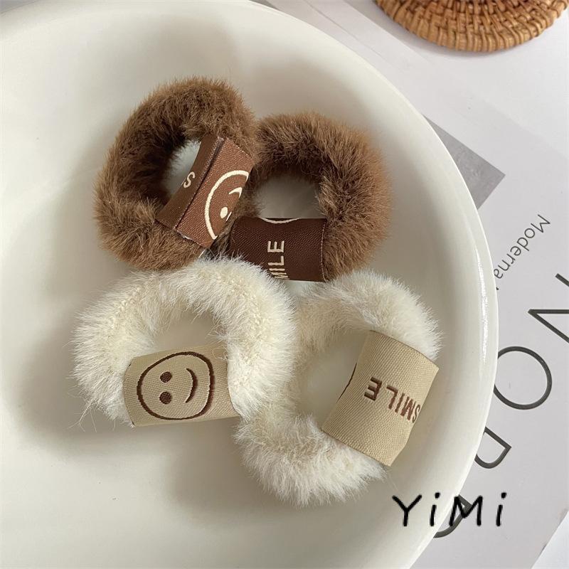 Dây buộc tóc lông mịn đính mặt cười dễ thương thời trang mùa đông phong cách Hàn Quốc cho nữ