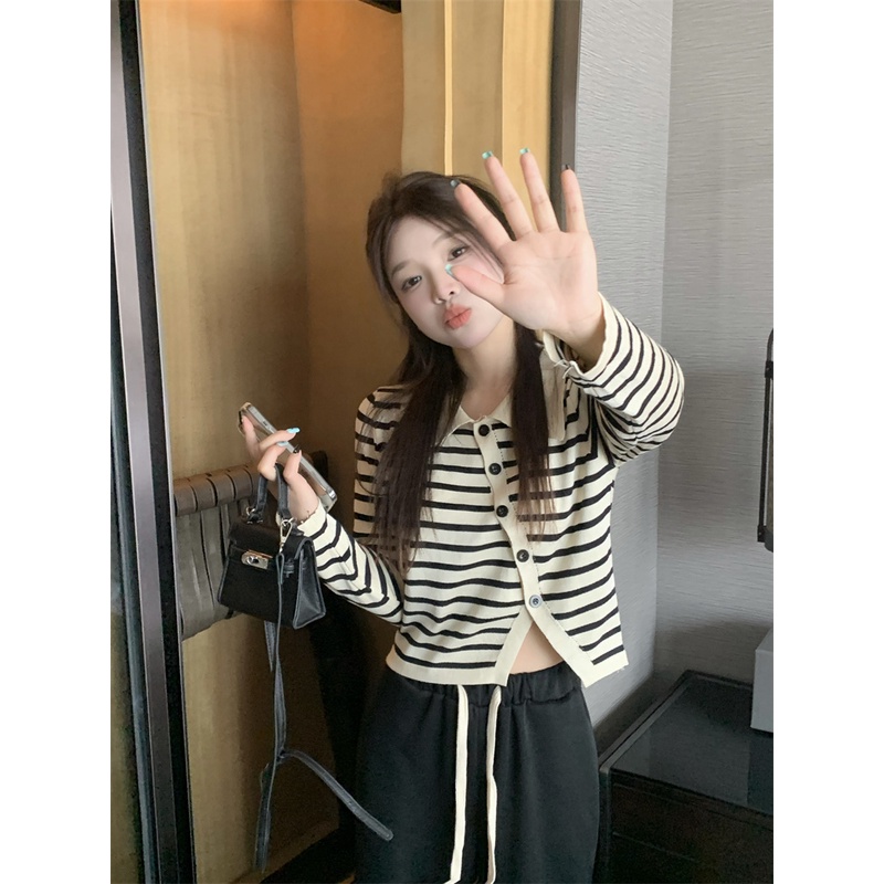 Áo cardigan ZHELIHANGFEI dệt kim cổ bẻ xẻ tà họa tiết kẻ sọc hợp thời trang