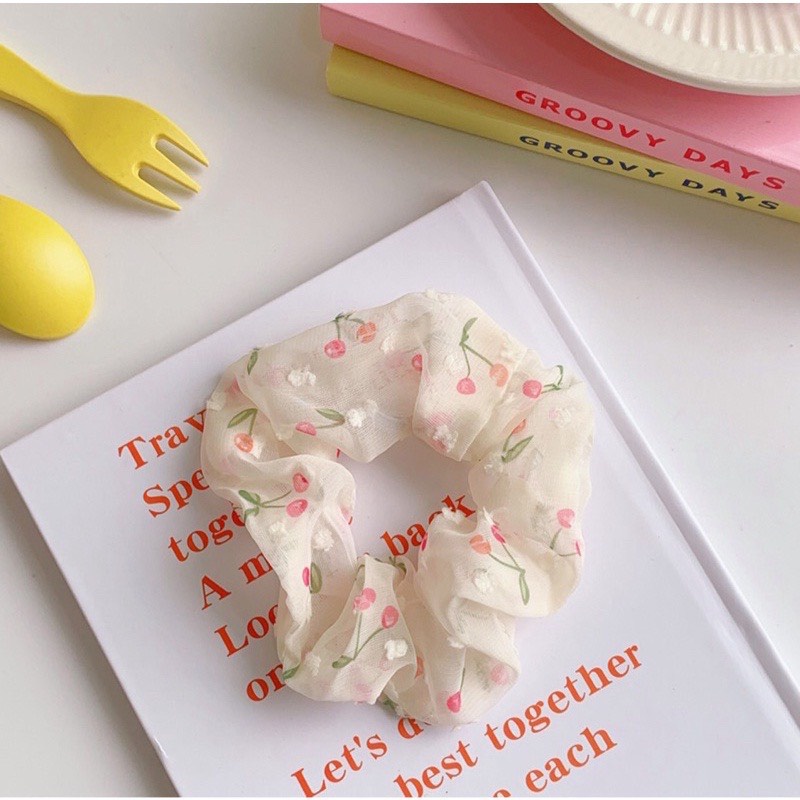Dây Buộc Tóc Scrunchies Cherry Màu Trắng Hàn Quốc Dễ Thương Sồi House