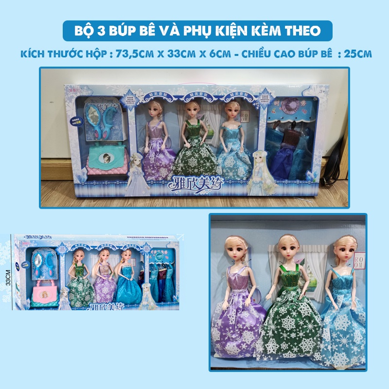 [Ảnh thật] - Combo 3 bộ búp bê loại đẹp và phụ kiện, Búp bê elsa công chúa, búp bê công chúa đồ chơi cho bé gái