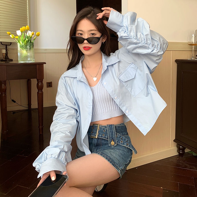 Áo Sơ Mi Tay Dài Dáng Rộng Màu Xanh Thời Trang Phong Cách Hàn Quốc Cho Nữ