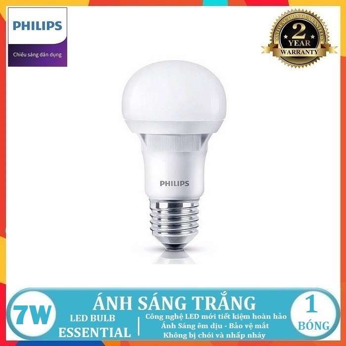 BÓNG ĐÈN LED BULB PHILIPS ESSENTIAL 7W E27 A60 ( TIẾT KIỆM ĐIỆN NĂNG - 2 MÀU ÁNH SÁNG LỰA CHỌN TRẮNG VÀ VÀNG )