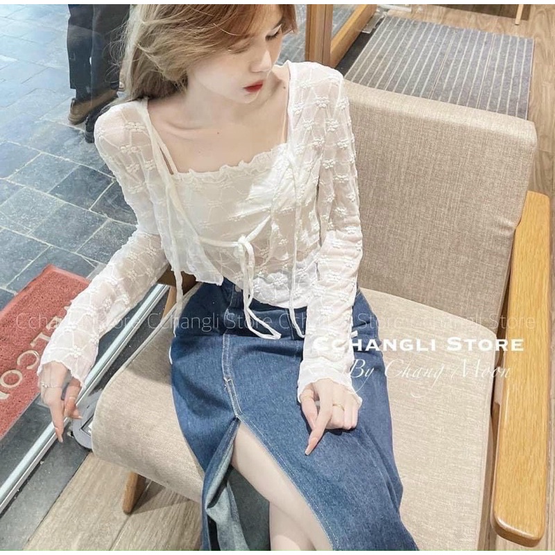 Set áo dây vạt chéo kèm áo cardigan