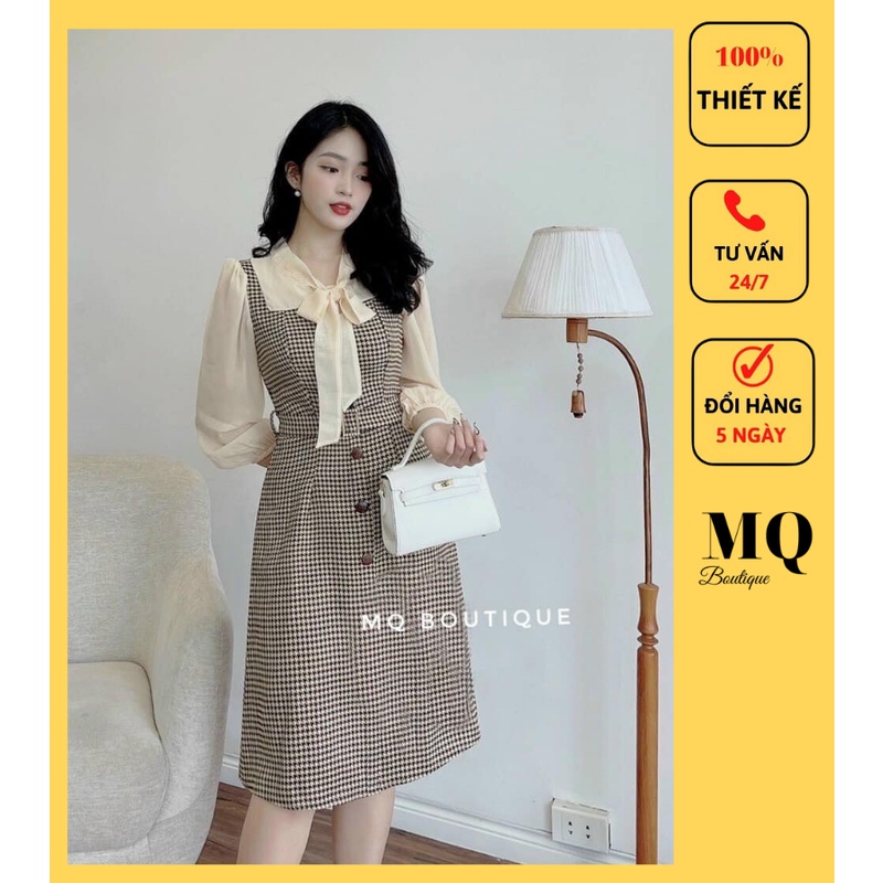 Váy công sở nữ liền thân dáng A ziczac pha voan, buộc nơ cổ có đai thiết kế MQ Boutique cao cấ