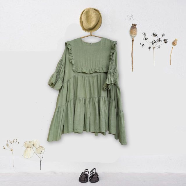 🐦🌱🌿Áo baby doll vải xô màu rêu from rộng xòe Hàn quốc