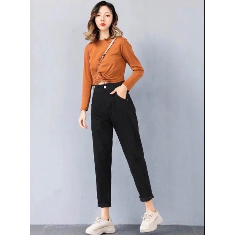 Quần bò baggy đen trơn cạp cao chất siêu đẹp đủ sz SML