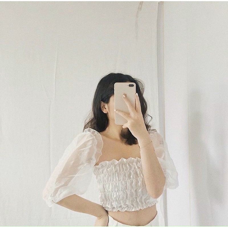 Áo ống nhúm màu phi lụa trễ vai tay đứt crt ôm dáng chất voan kiếng sang chảnh