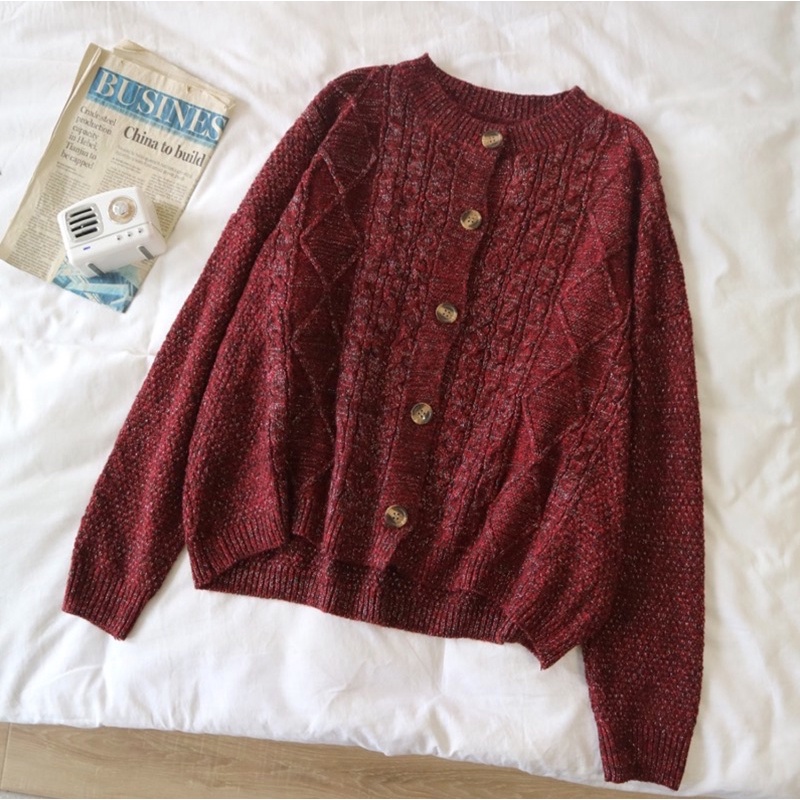 Áo khoác len Cardigan hoạ tiết vintage phong cách Nhật thu đông phối hợp sơ mi váy đuôi cá harajuku Hàn quốc