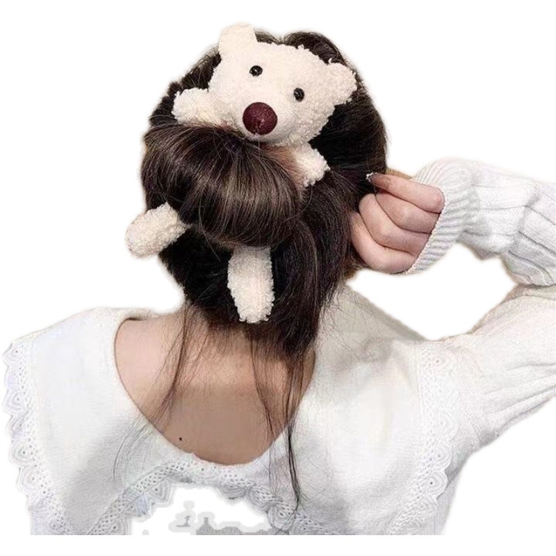 Dây Buộc Tóc Cao Su Co Giãn Phối Lông Hình Gấu Dễ Thương Phong Cách Hàn Quốc