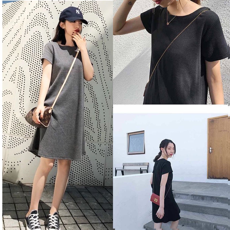 Váy chữ A 2021 phiên bản mới của Hàn Quốc kiểu dáng rộng rãi kiểu dáng suông mỏng phù hợp với mọi tính cách phù hợp với tất cả các tính khí size lớn váy ren ngắn tay cổ tròn size lớn của Hàn Quốc