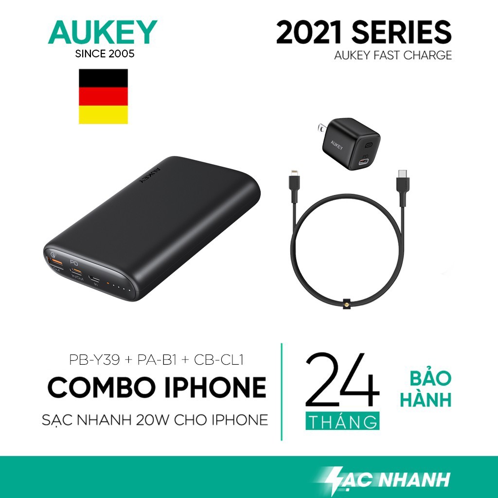 Combo Sạc Nhanh 20W iPhone AUKEY | Cốc Sạc 20W PA-B1, Cáp C-Lighnting 20W CB-CL1, Pin 15000mAh PD + QC3 PB-Y39