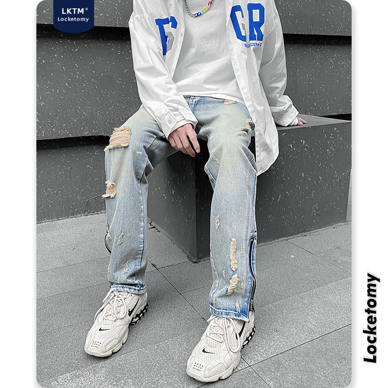Quần Jeans Rách Ống Đứng Có Khóa Zip, Quần Bò Rách Phong Cách Đường Phố Cam Kết Y Hình G900#