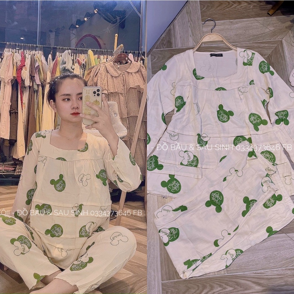 Bộ đồ bầu cổ vuông mặc đi ngủ học tiết hoạt hình, bộ đồ mặc bầu và sau sinh chất Đũi có khoá ngực