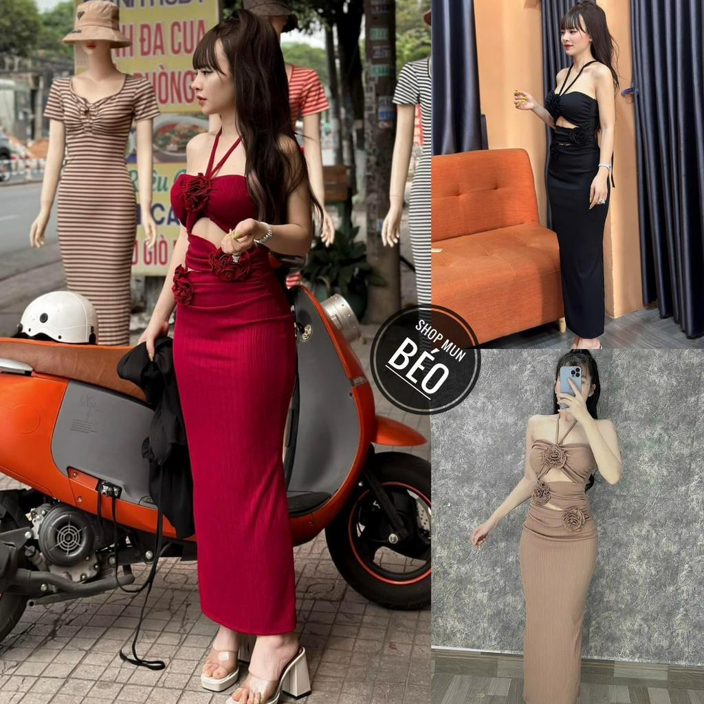 Đầm body 3 hoa phối dây buộc có mút phom dài chất thun gân xương cá mềm mịn co giãn thích hợp mặc ở nhà đi chơi đi tiệc