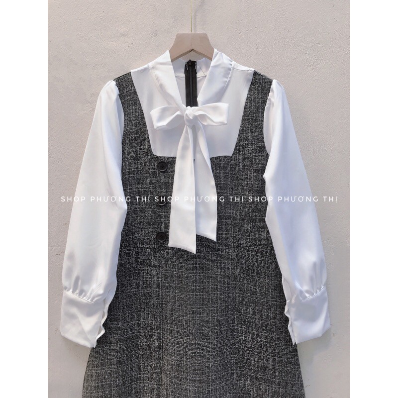 [Mã FAGREEN1505 giảm tới 30K đơn 99K] Váy dạ pha tay sơmi thiết kế nơ cổ siêu sang (có hình thật/video/sẵn) | BigBuy360 - bigbuy360.vn