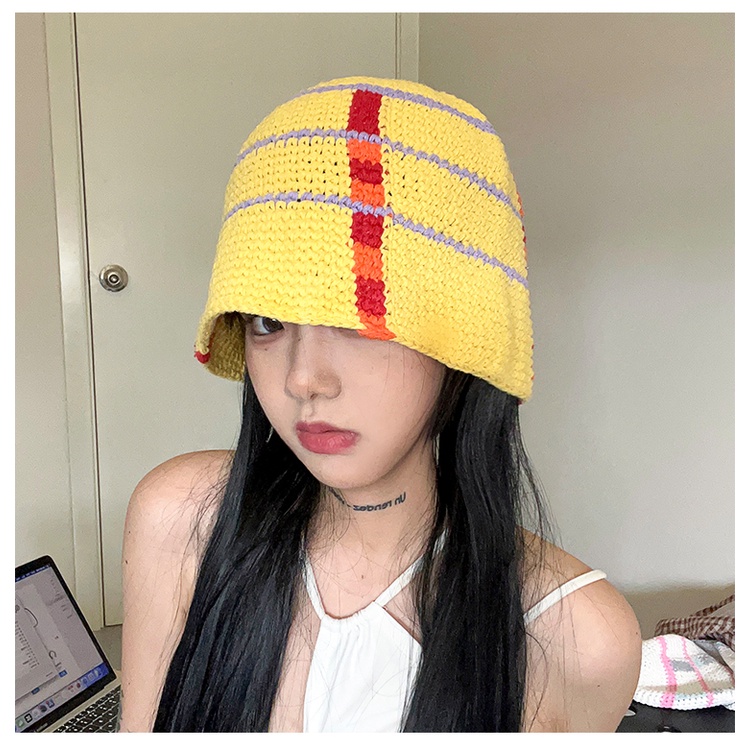 Mũ Bucket Dệt Kim Thủ Công Kẻ Sọc Ca Rô / Kẹo Ngọt Xinh Xắn Cho Nữ
