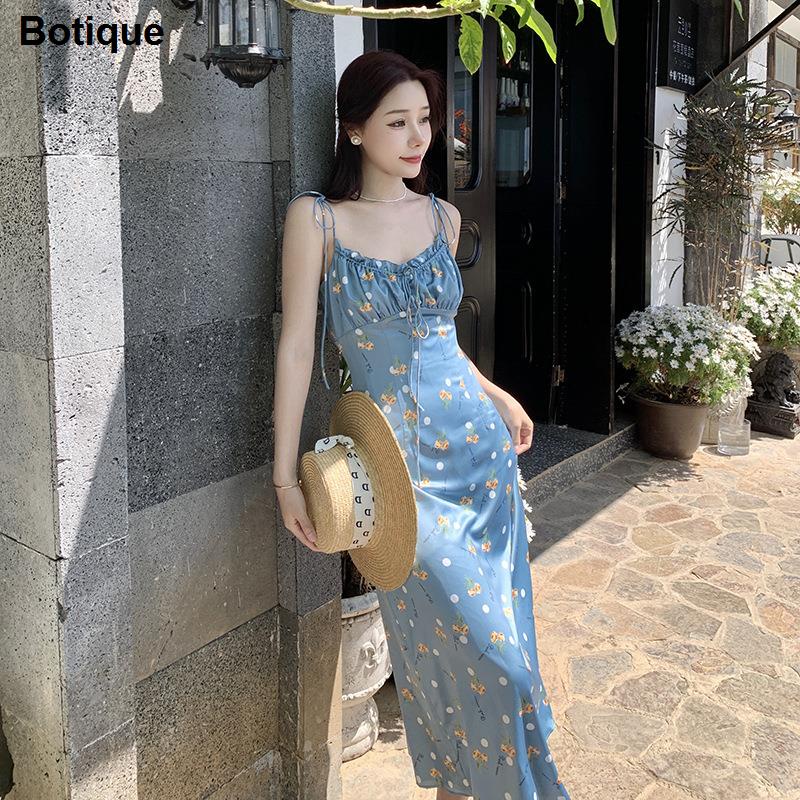 Đầm Hai Dây Dáng Ôm In Họa Tiết Màu Xanh Dương Phong Cách Pháp Cổ Điển Thời Trang