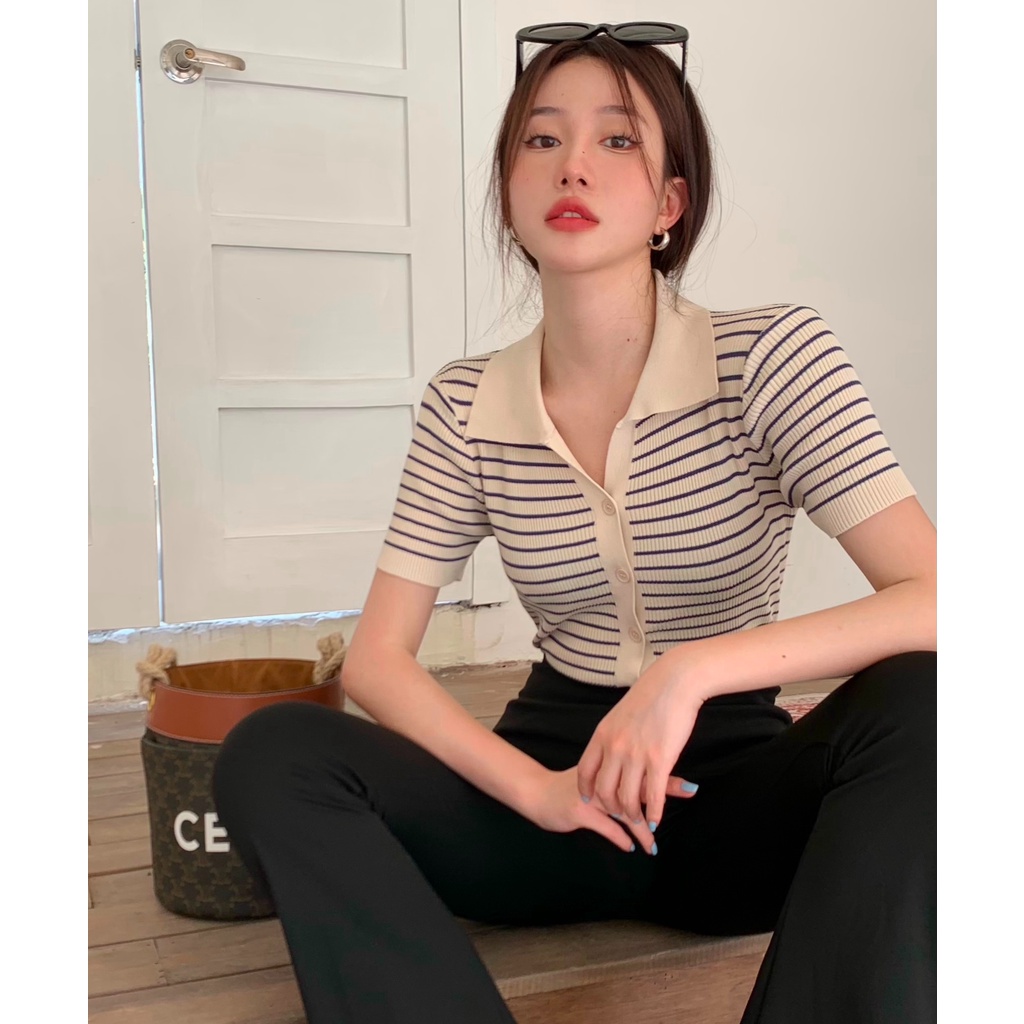 Áo polo QKOOLE tay ngắn họa tiết sọc thời trang cho nữ