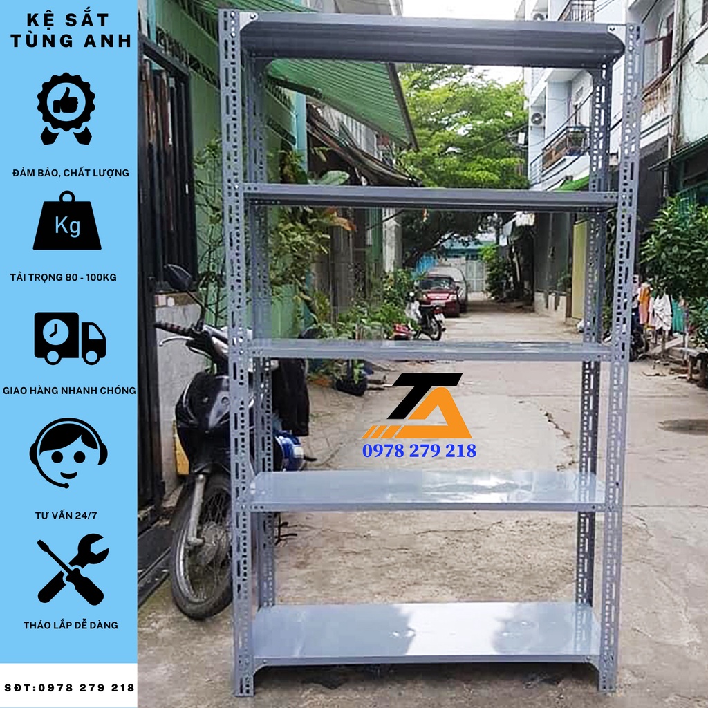 Kệ sắt v lỗ 5 tầng cao 1m5 x dài 1m2 x rộng 40