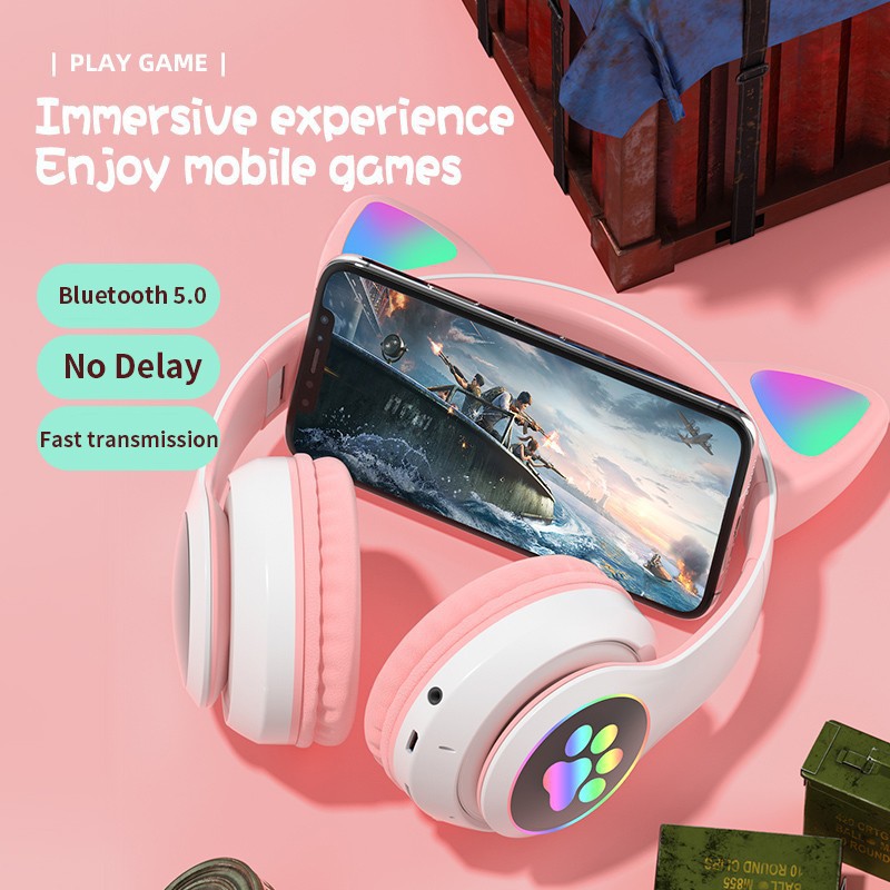 Tai Nghe Bluetooth chụp tai, Headphone hình Tai Mèo Dễ Thương Có Mic,Âm Bass Mạnh Mẽ thời gian sử dụng lâu - BH 6 tháng