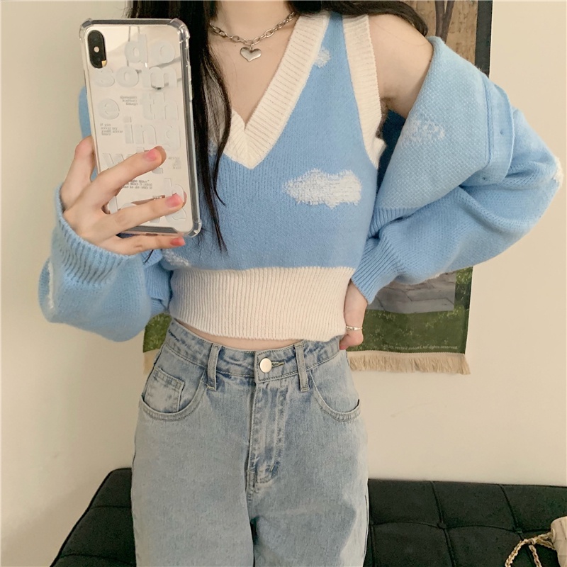 Set áo khoác cardigan mềm mại họa tiết bầu trời xanh và trắng thời trang cho nữ