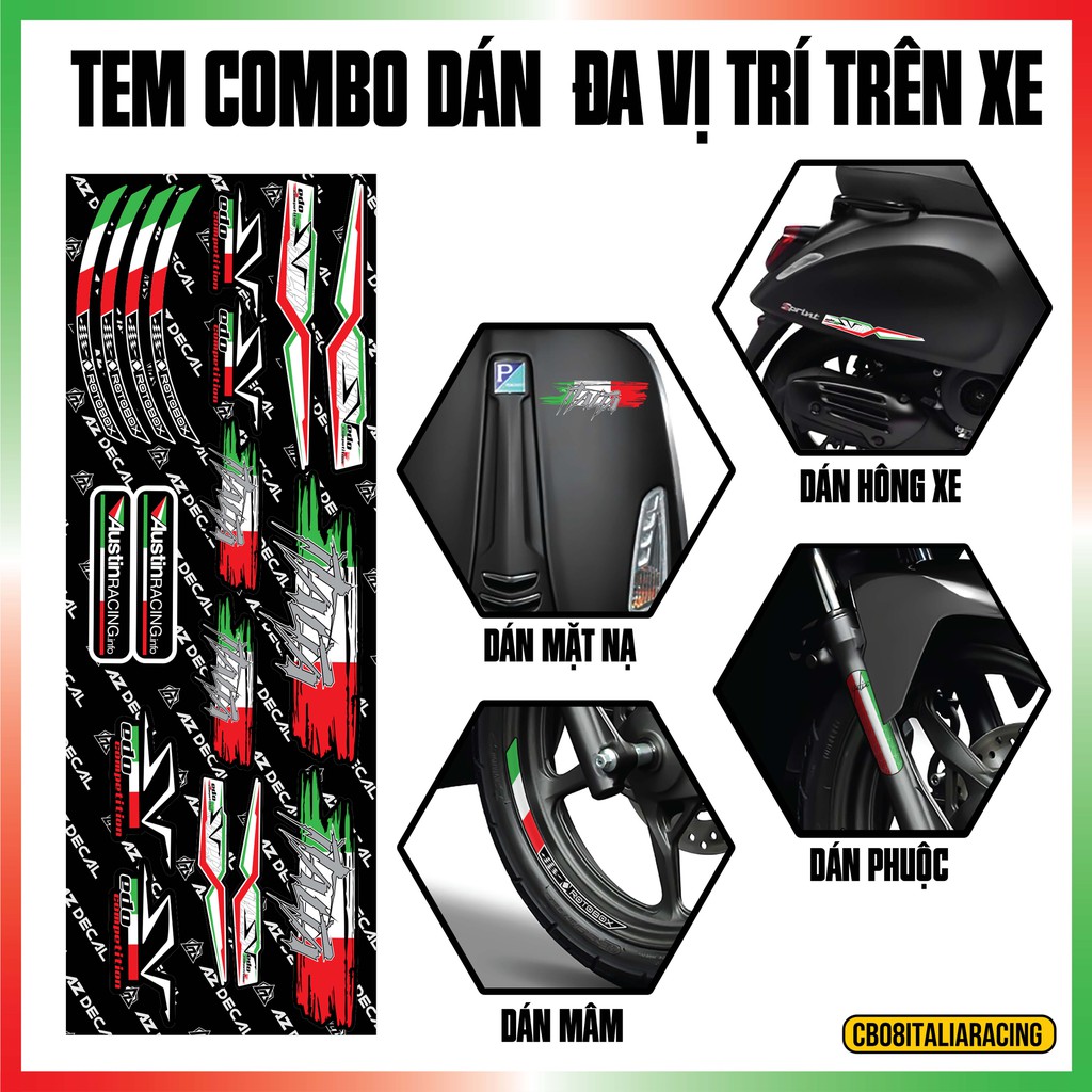 Tem Xe Italia Racing Dán Đa Vị Trí | CB08ITALIARACING | Chất Liệu PVC 5 Lớp Dán Cho Mọi Dòng Xe