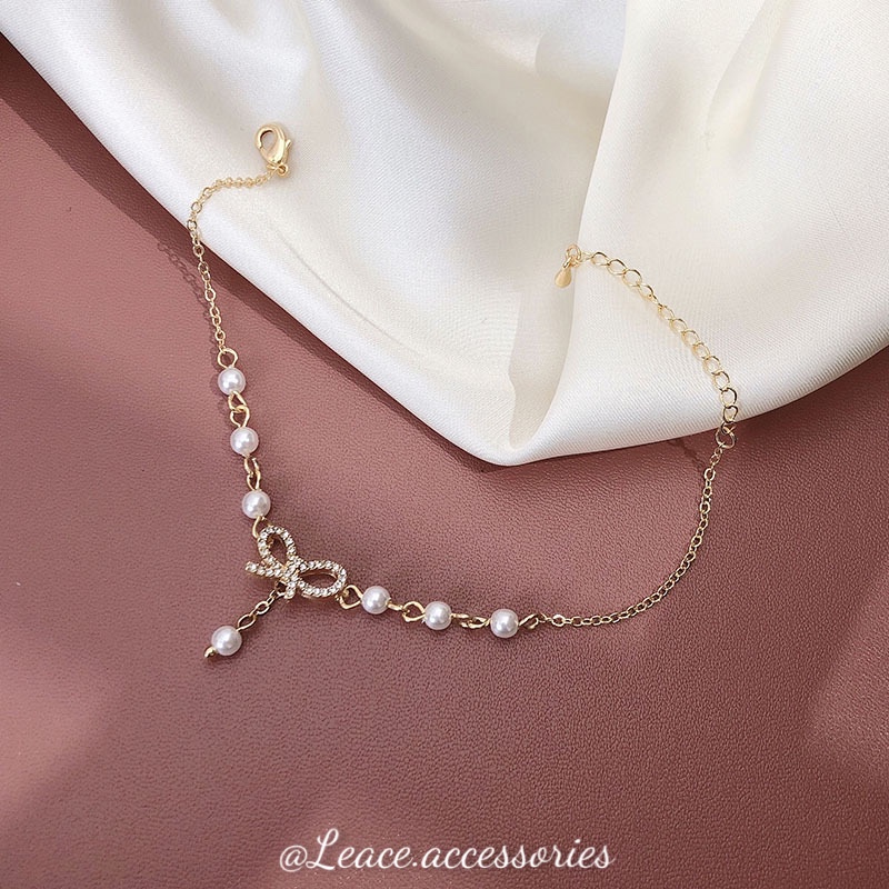 Vòng tay nữ, lắc tay nữ ngọc trai nhân tạo mặt nơ đính đá nữ tính BL019 Leace.accessories