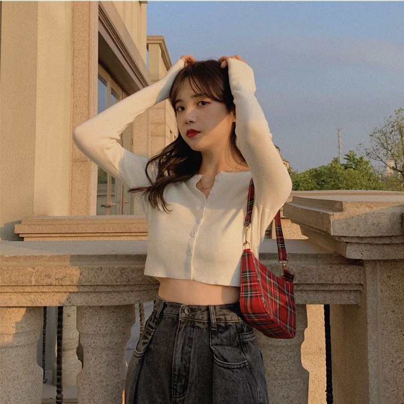 Áo Croptop Nữ Tay Dài Vải Thun Gân Co Dãn  Phối 6 Cúc Phong Cách Ulzzang-YC