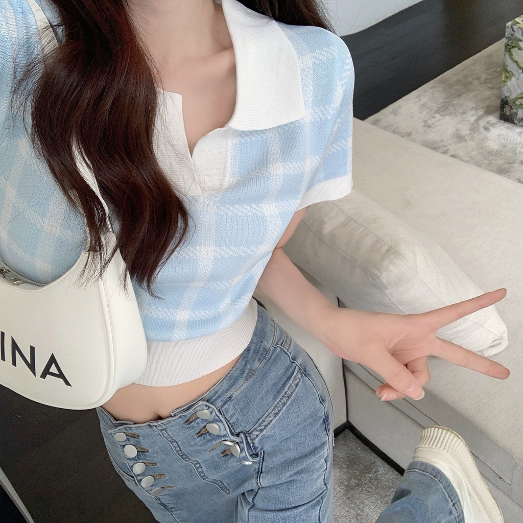 【Hana and Alice】Áo Thun POLO Dệt Kim Ngắn Tay Lưng Cao Gợi Cảm