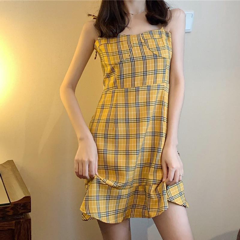 Váy ngủ 2 dây phối họa tiết kẻ sọc caro thời trang dành cho nữ