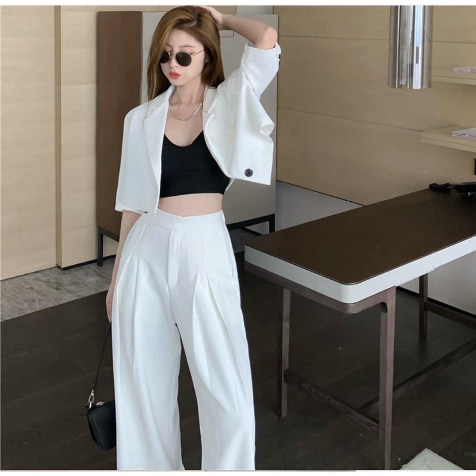 Set vest dáng croptop mix quần ống rộng cạp cao túi đính dây cườm sang chảnh đi chơi, đi tiệc siêu xinh