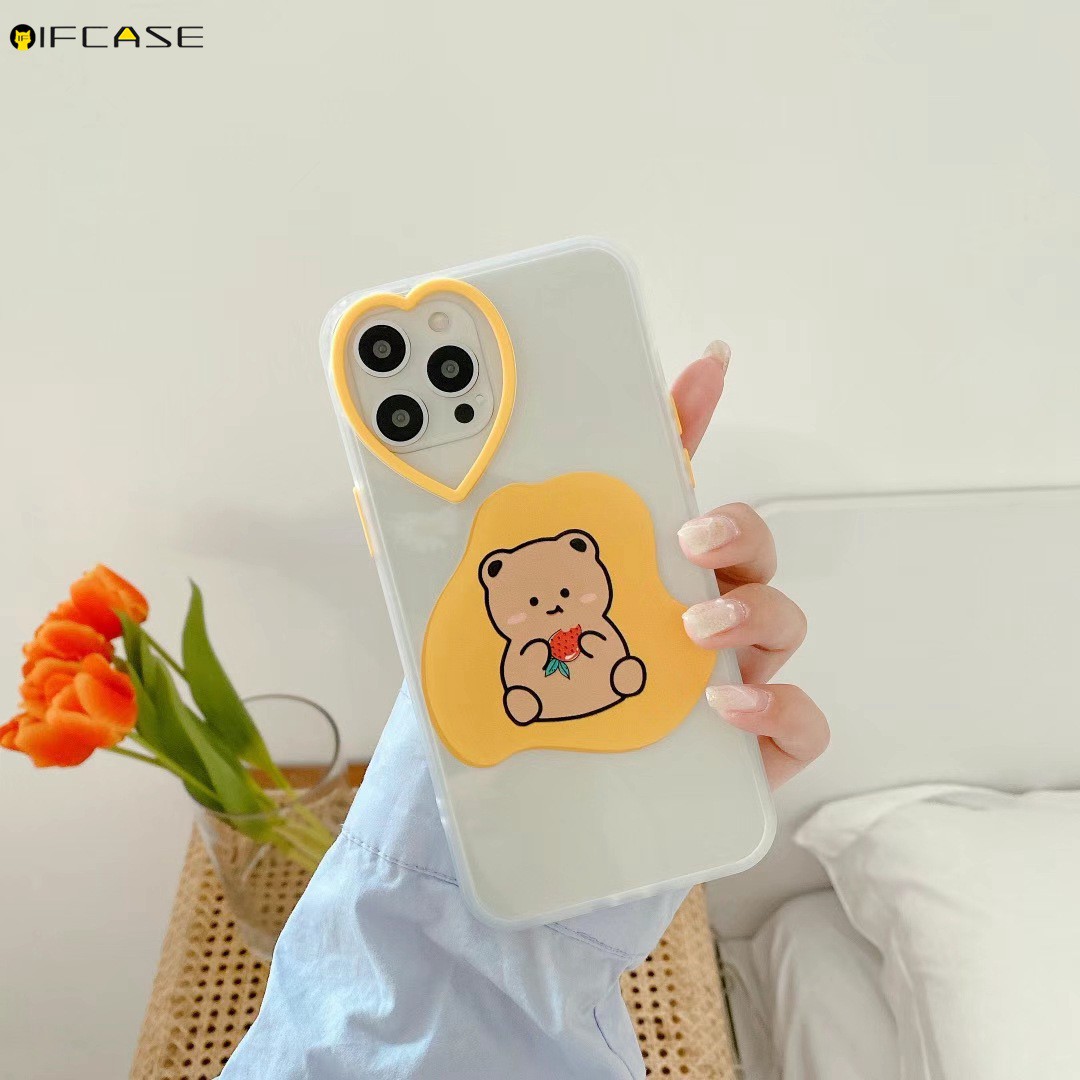 iPhone 12 11 Pro Max XS Max XR XS X 7 8 Plus Phone Case Love Loving Heart Camera Lens Hole Transparent Clear Cute Strawberry Peach Rabbit Bear Simple Soft TPU Casing Case Cover