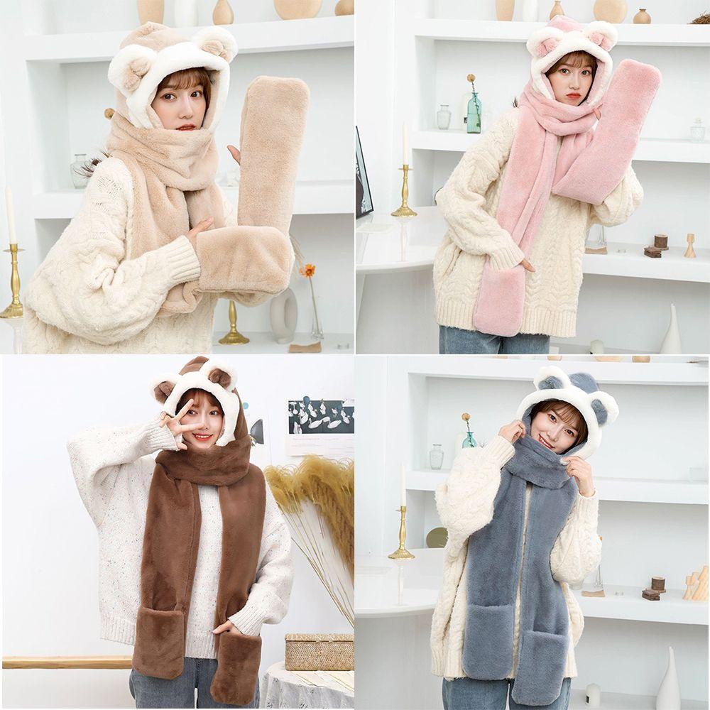 Mũ Beanie Lông Thỏ Nhân Tạo Hình Gấu Dễ Thương