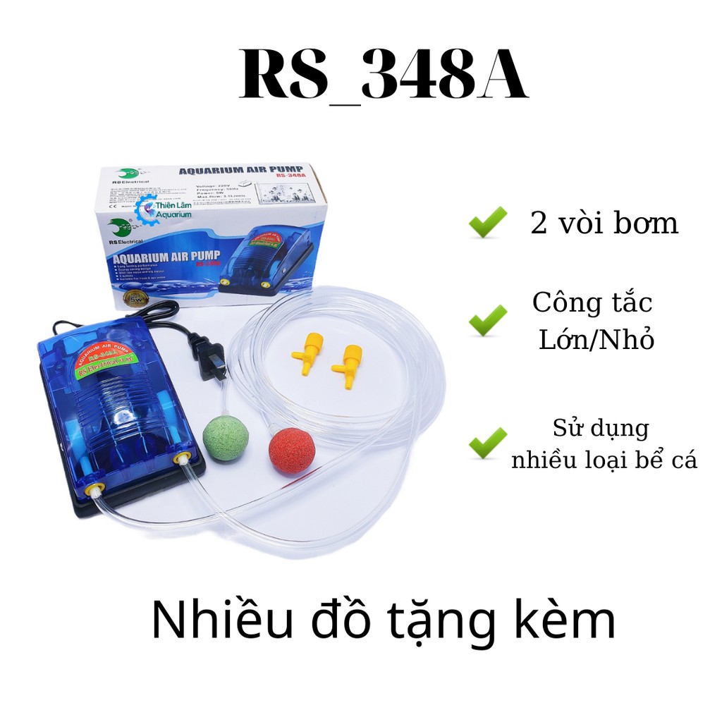 Máy bơm oxy hồ cá [Máy 2 vòi Aquarium Air Pump] RS 348A [Hơi mạnh] bơm thác cát, suối cát [Giá rẽ]